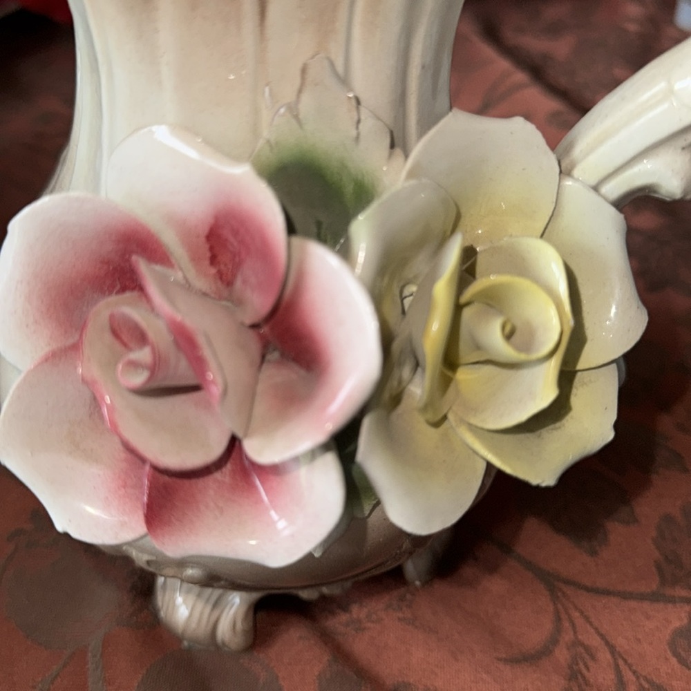 Vintage Capodimonte  Ceramic Pitcher with Pink and Yellow Roses - Picture 6 of 9